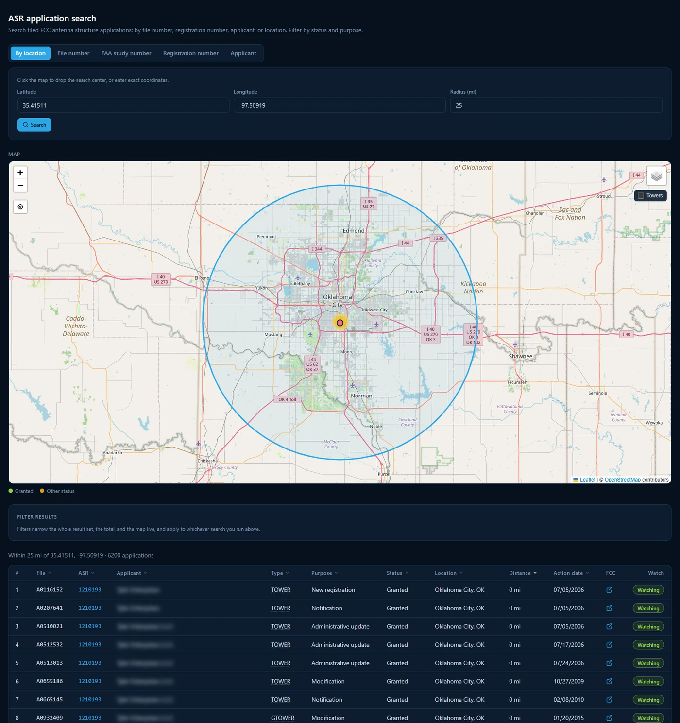A Sentinel RF ASR application search within 25 miles of a site, with the applications plotted and listed by type, purpose and status