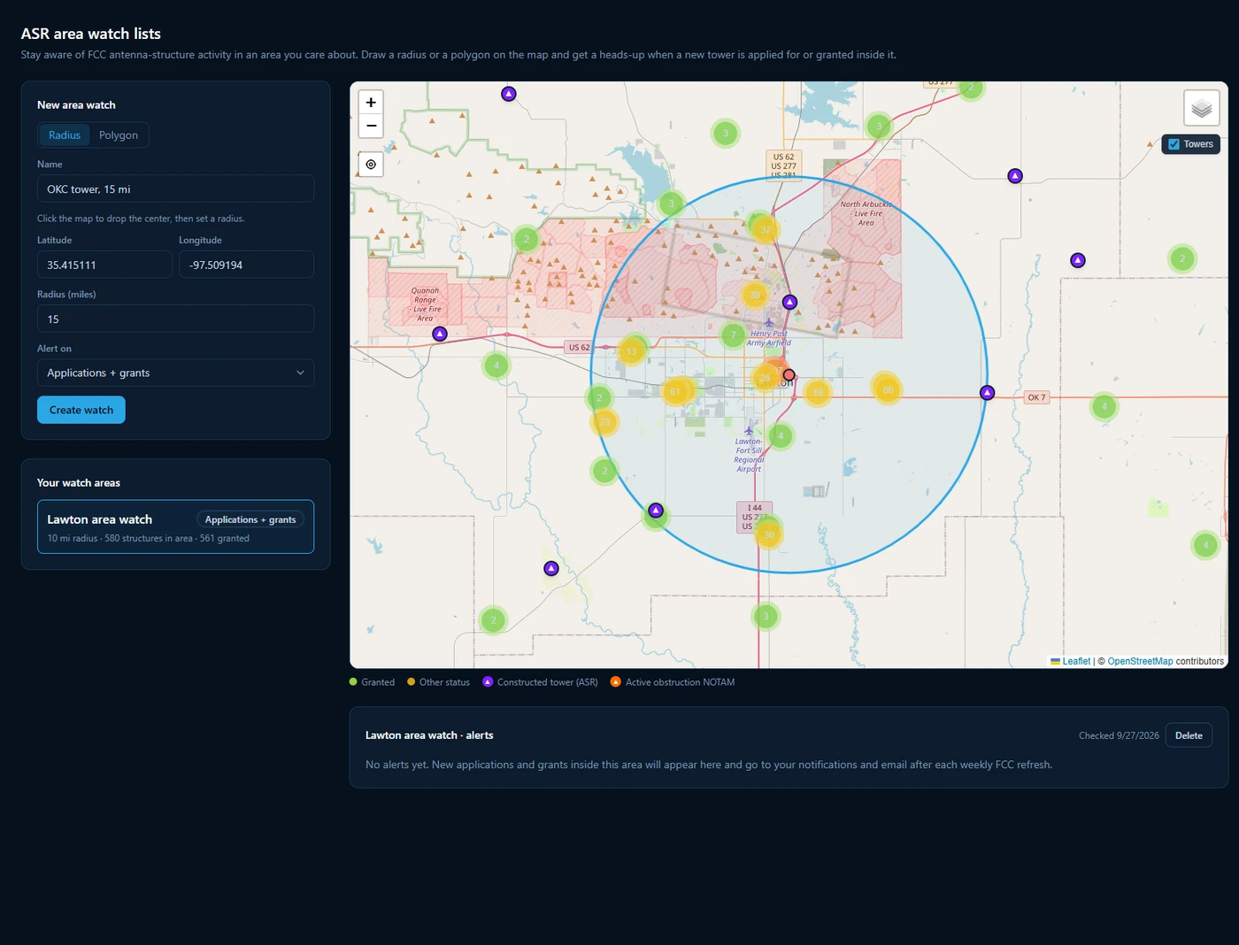 The Sentinel RF ASR area watch page: a 10 mile watch area around a city with its structures on the map, and the constructed-tower and NOTAM layers