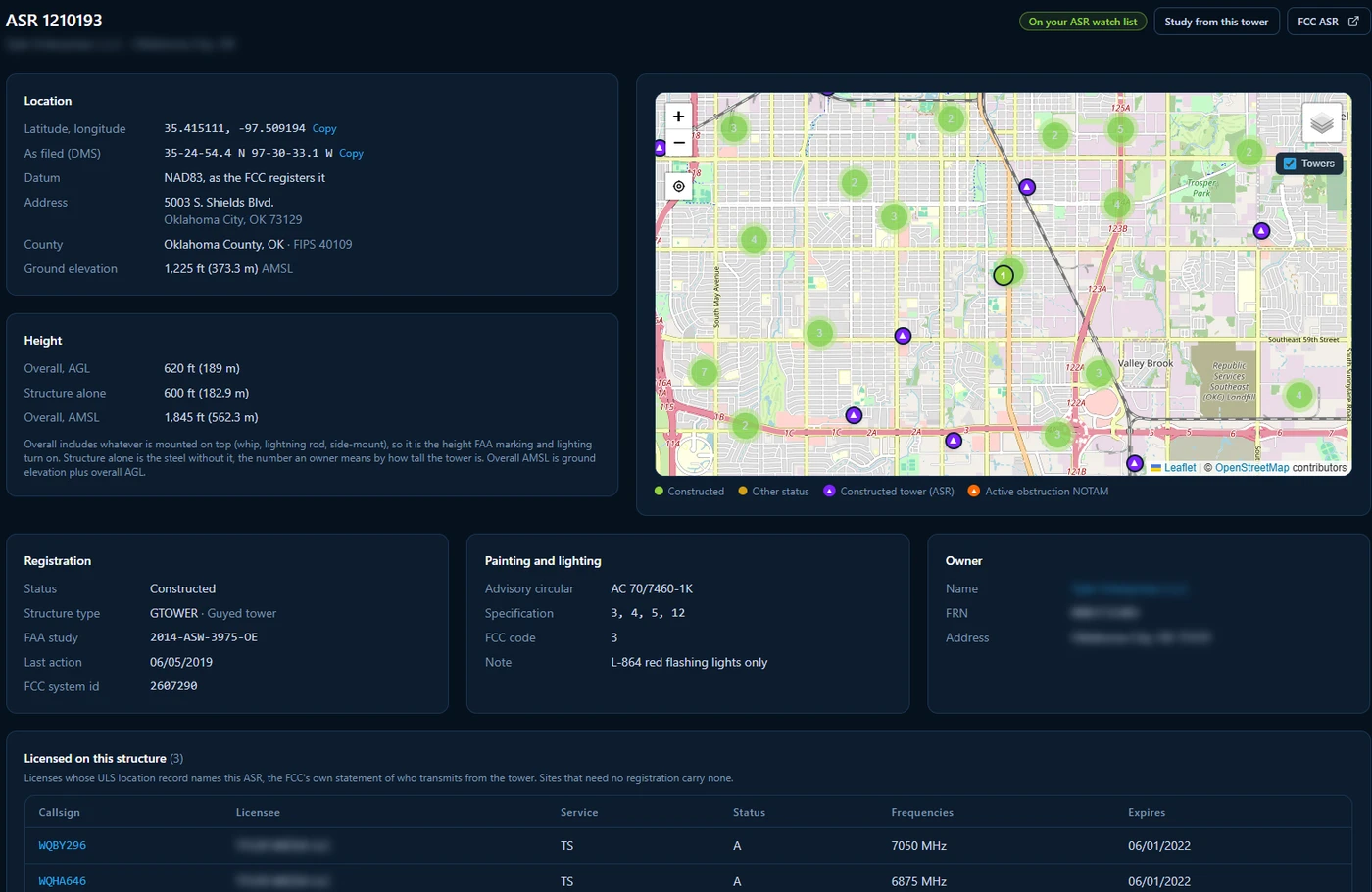 A Sentinel RF antenna structure page for a 620 ft guyed tower in Oklahoma City: coordinates, address and county, heights, FAA lighting specification, the licenses on the tower and its filing history