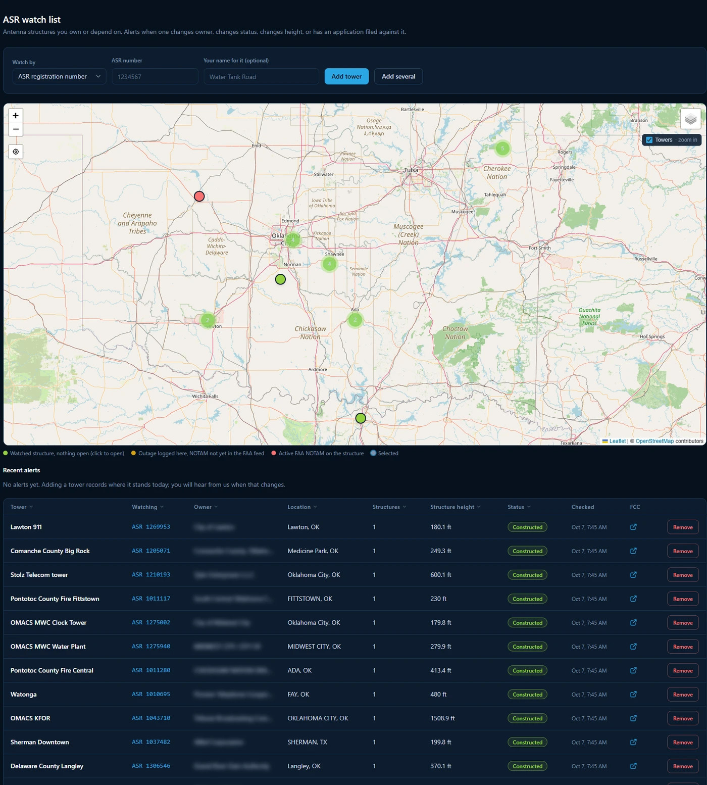 The Sentinel RF ASR watch list: watched towers across Oklahoma on a map and in a table with structure height, status and last check