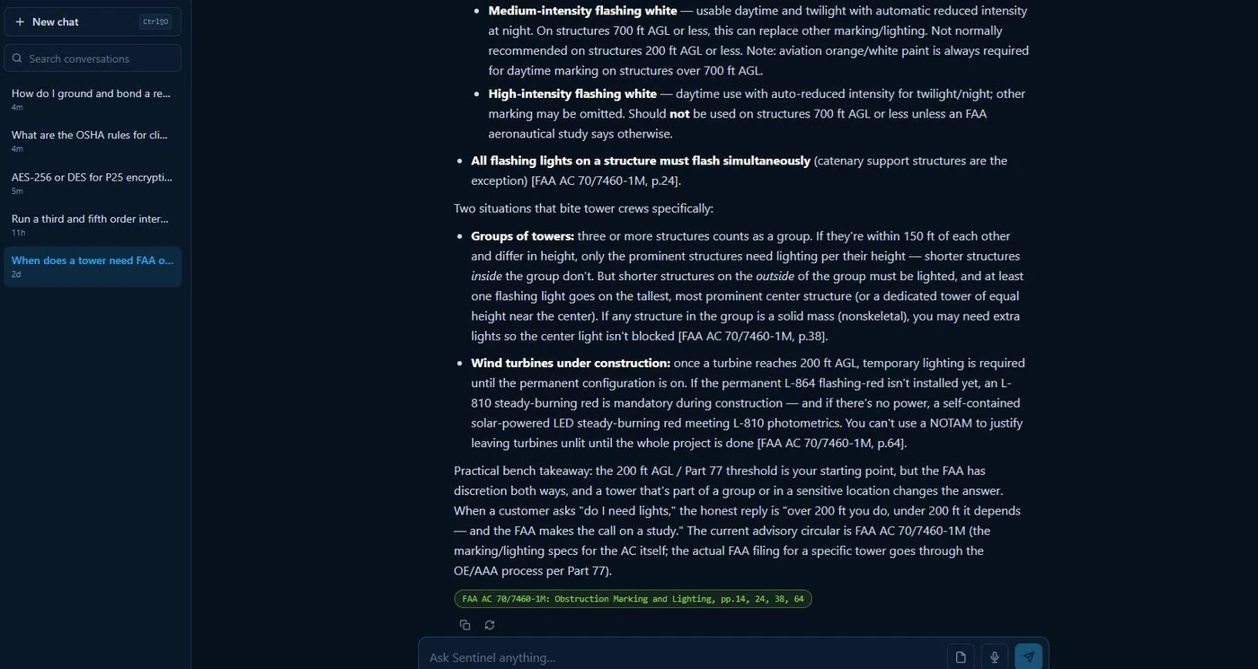 A Sentinel RF chat answer citing the exact document and page for each claim