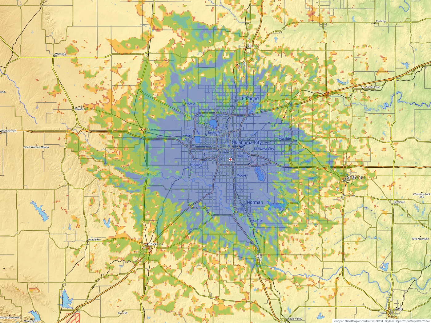 A Sentinel RF LMR coverage study painting signal level by usage class across a real licensed site