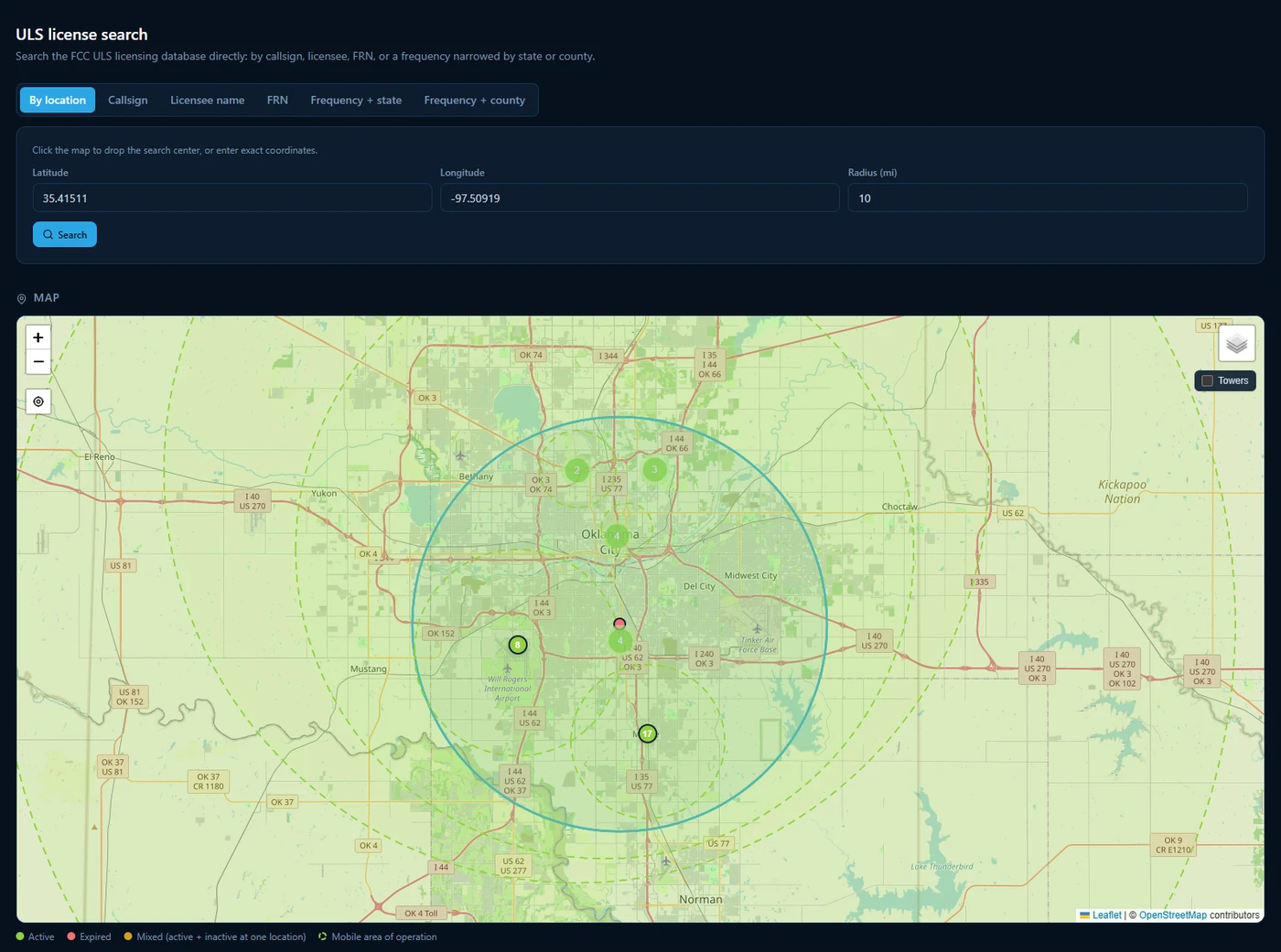 A Sentinel RF ULS license search within 10 miles of a site, plotted on a map with per-location pins