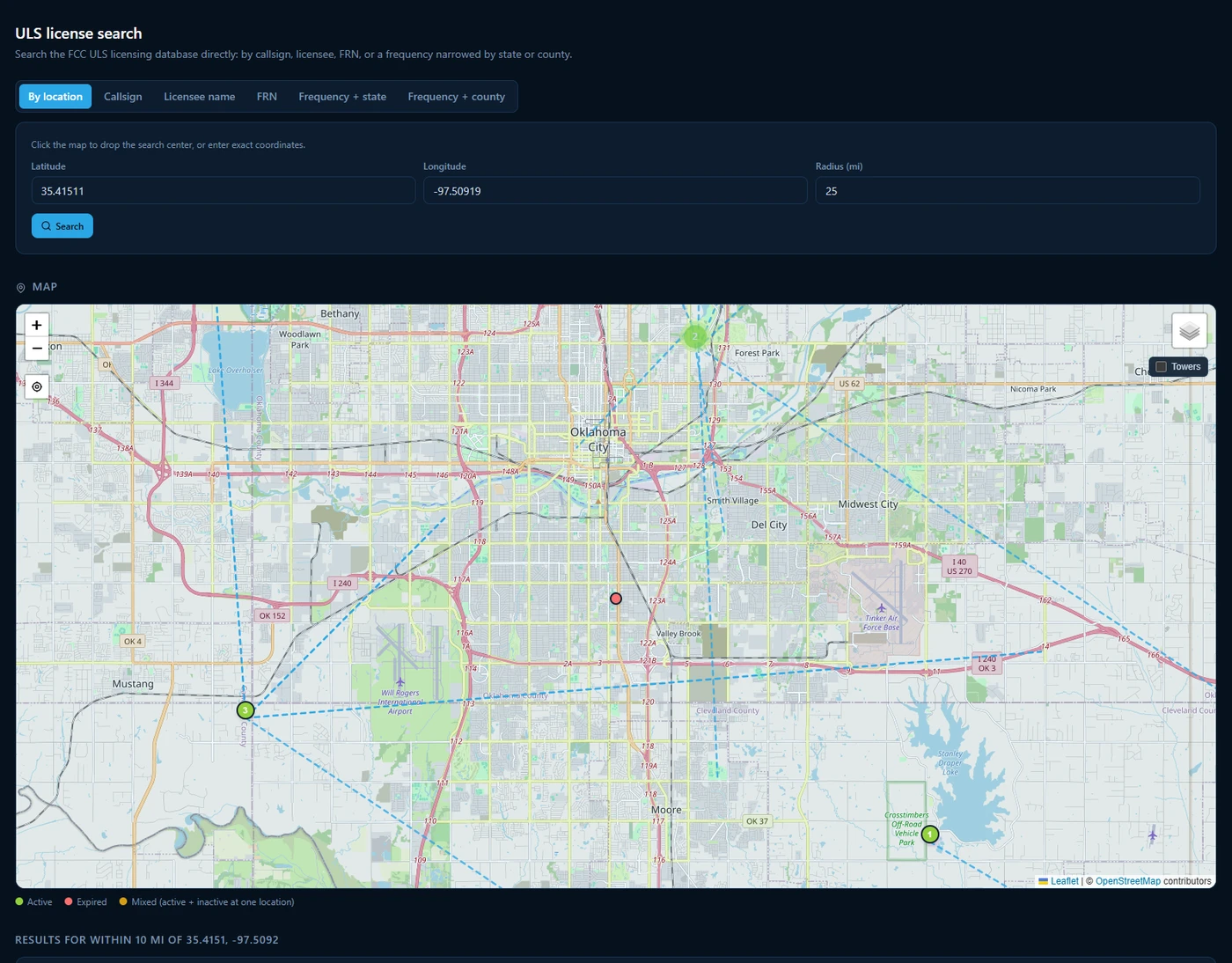 A Sentinel RF ULS license search for Microwave Public Safety within 25 miles of a site, each licensed hop drawn as a dashed line between its two sites, with the license table below