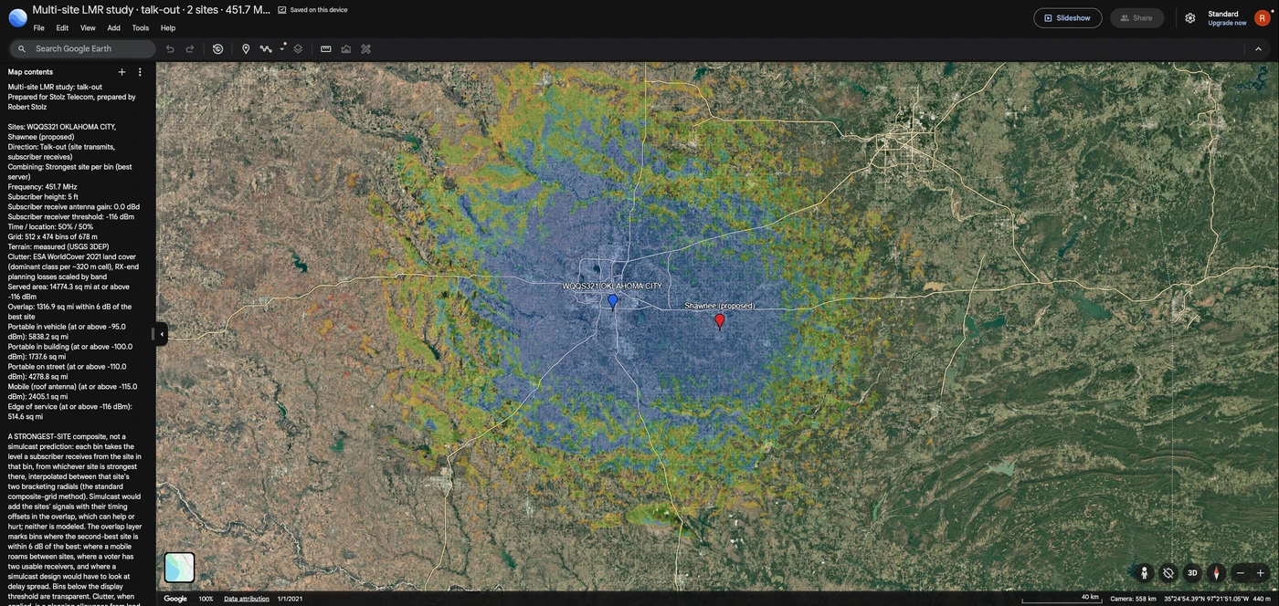 The two-site composite from the multi-site study draped on satellite imagery in Google Earth, with both site pins and the study summary in the side panel