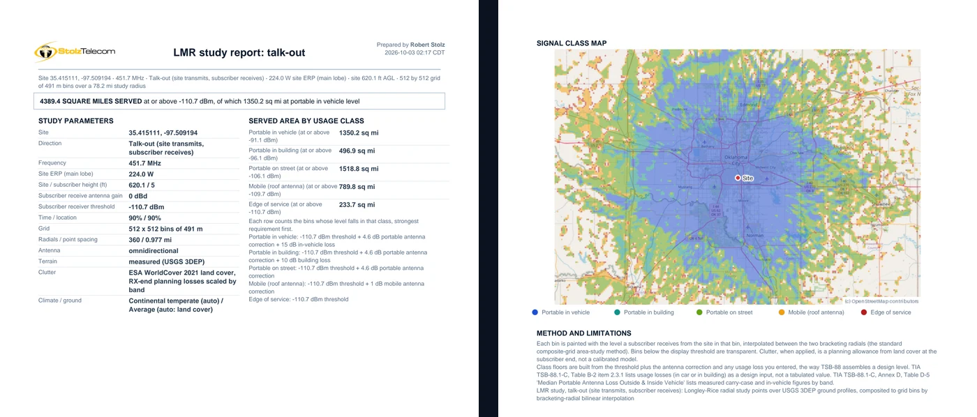 Two pages of a Sentinel RF LMR study report under the Stolz Telecom letterhead: parameters, served area by usage class, the signal class map and the method notes