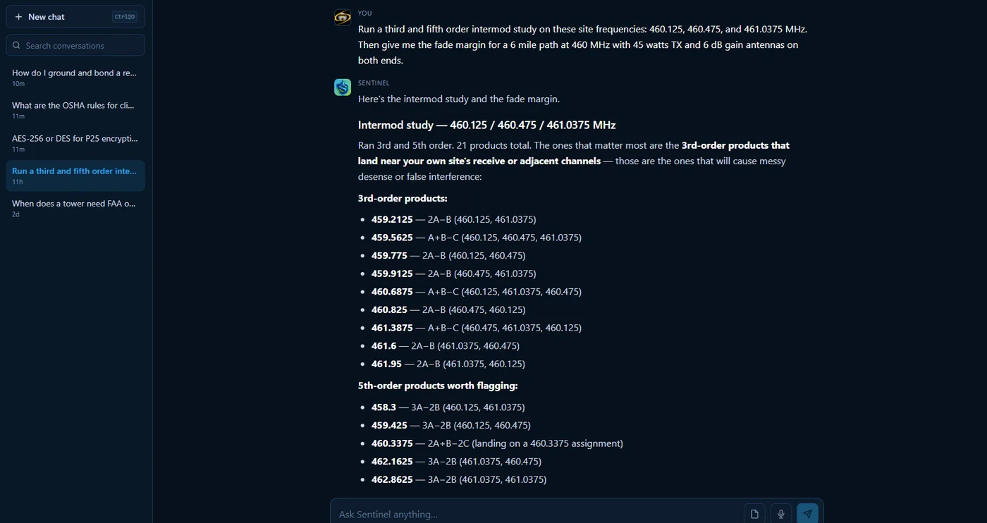 Sentinel RF deterministic calculator results for a link budget and an intermod study