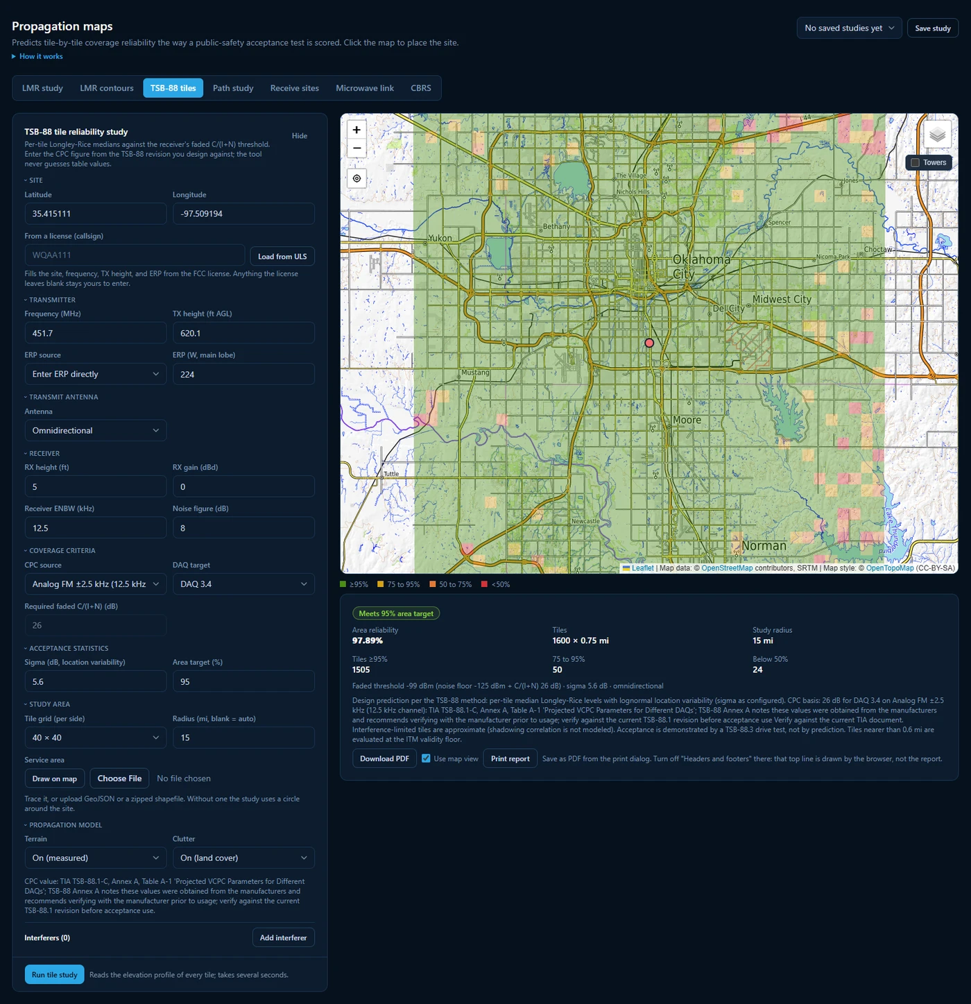 A Sentinel RF TSB-88 tile reliability study on a 40 by 40 tile grid meeting a 95 percent area target, with the CPC table cited